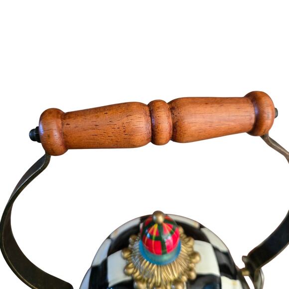 MacKenzie-Childs Courtly Check Black & White Enamel Tea Kettle Blue Green Red - Picture 3 of 16